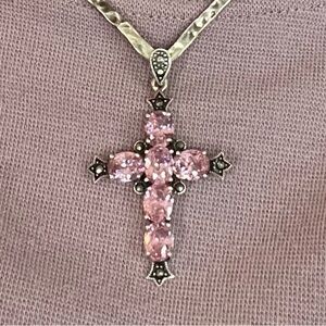925 Silver Cross Pendant Pink Stones